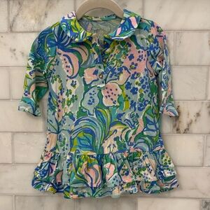 Lilly Pulitzer Girls Floral Ruffle Polo Top in Blue, Pink & Green